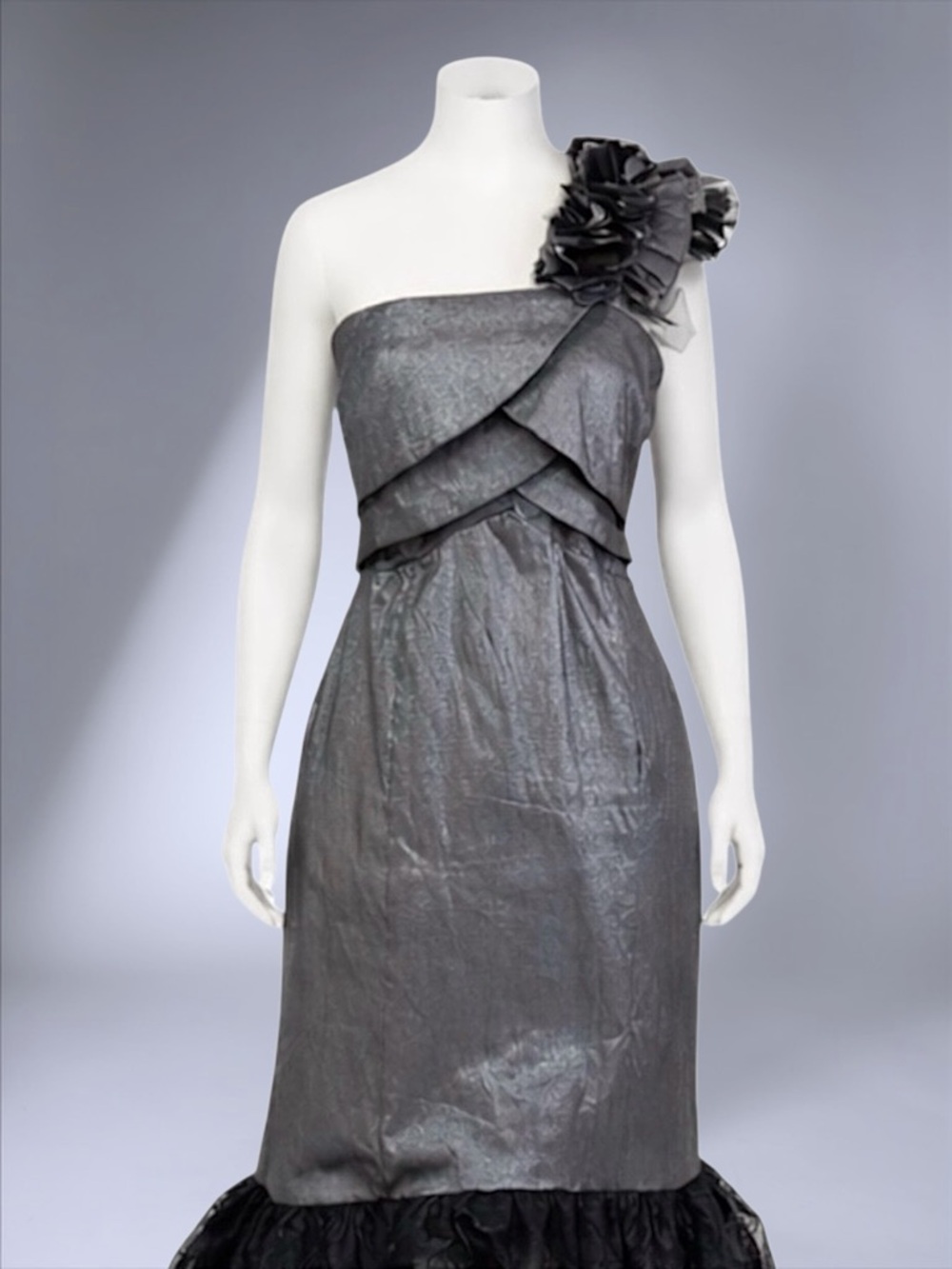 Snap A-Line Metallic Floral One-Shoulder Asymmetrical Tulle Maxi Dress - Picture 3 of 10